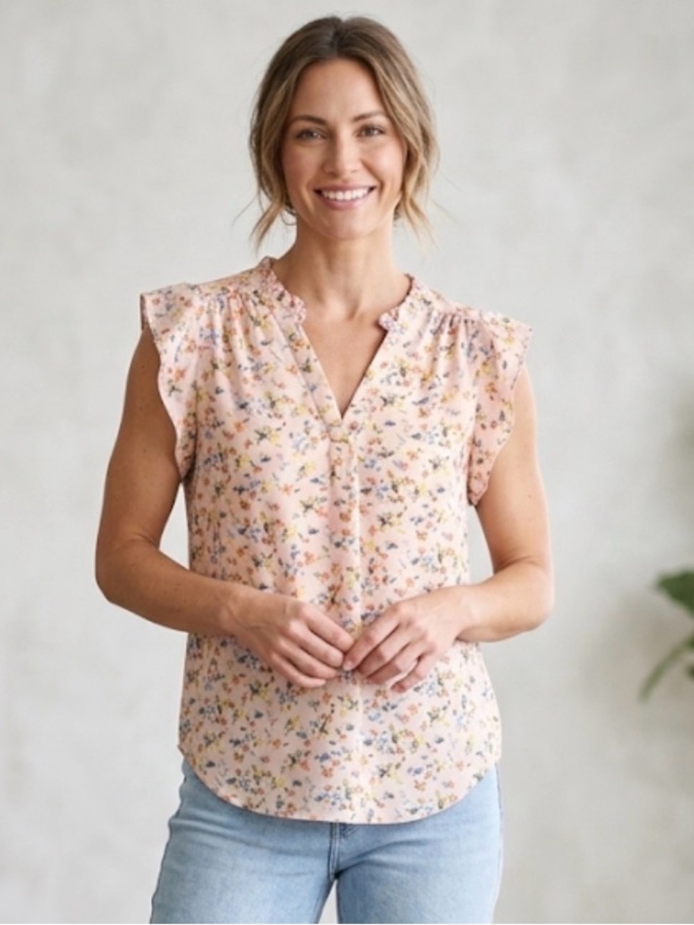 Chaus Pink Floral Cap-Sleeve V-Neck Blouse